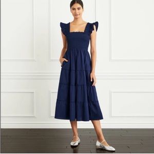 Hill House Ellie Navy Nap Dress midi smocked navy blue cotton poplin XS